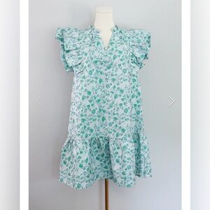 Entro Blue Green Floral Ruffle Sleeve Mini Dress Sz S EUC coquette southern